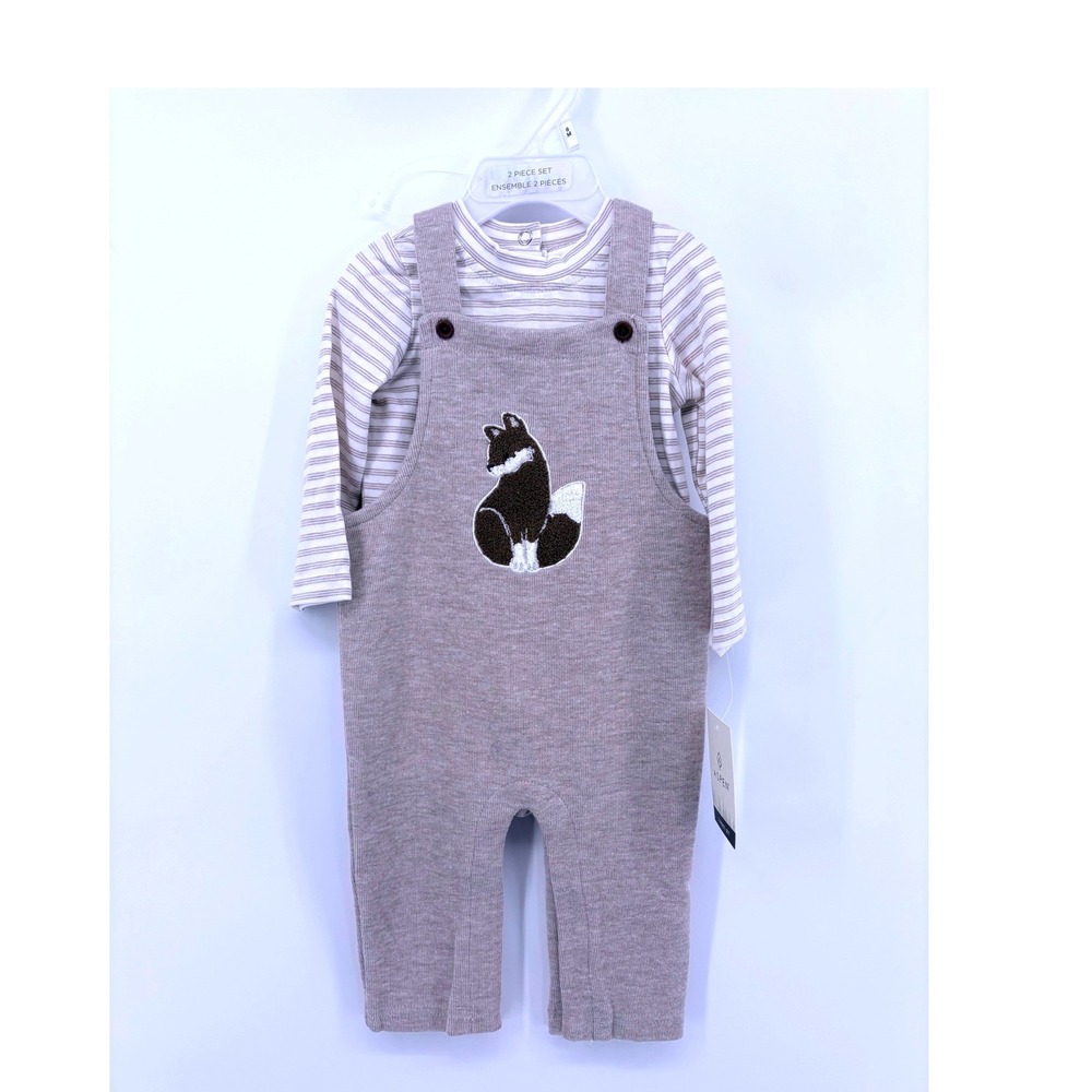 Aspen Baby Boys 2 Piece Set Fox Knit Overalls and Striped Bodysuit Tan 3-6M NWT